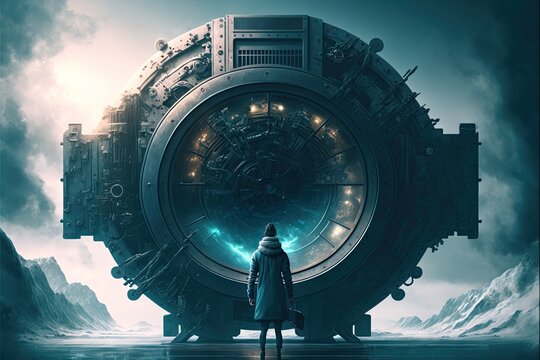 far future human operating an enormous unknow advanced scifi device, awe inspiring and mysterious and unknowable, high definition, photo realistic, hd, Cinematic, 8K, Super-Resolution  generative ai