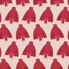 Cute red birds hand drawn vector illustration. Funny swallows in flat style seamless pattern for kids fabric or wallpaper.