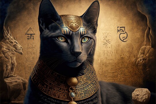 cat as egyptian pharaoh hieroglyphs on background illustration generative ai