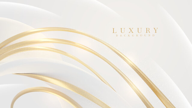White background with golden curve line element and glitter light effect decoration. Luxury style design concept.