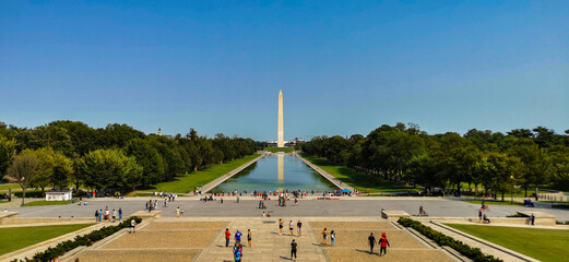 Reflecting Pool and Washington Monument View from Lincoln Memorial stairs. Washington D.C.,