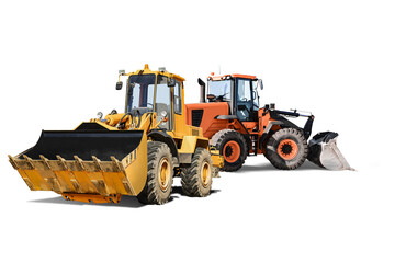Two heavy front loaders or bulldozers on a white isolated background. Construction equipment and...