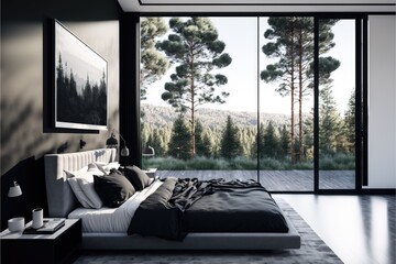 Modern black and white sleek bedroom with a large bed and a window view of nature generative ai