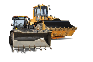Two heavy front loaders or bulldozers on a white isolated background. Construction equipment and transport. Transportation and movement of bulk materials. Excavation. Element for design.