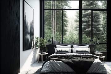 Modern black and white sleek bedroom with a large bed and a window view of nature generative ai