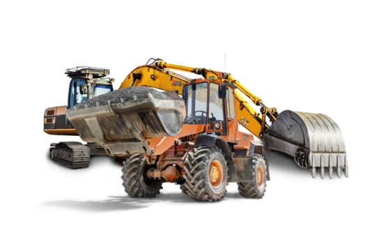 Excavator and bulldozer loader close-up on a white isolated background.Construction equipment for earthworks. element for design.