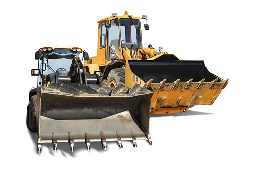 Two heavy front loaders or bulldozers on a white isolated background. Construction equipment and transport. Transportation and movement of bulk materials. Excavation. Element for design.