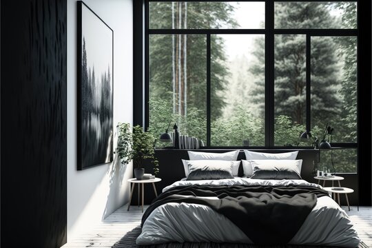 Modern Black And White Sleek Bedroom With A Large Bed And A Window View Of Nature Generative Ai