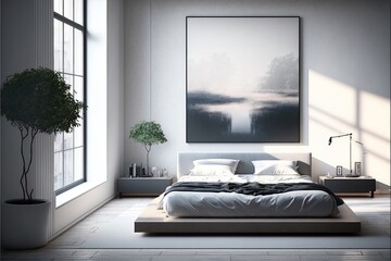 Modern minimalist bedroom with a platform bed and a white and gray color scheme generative ai