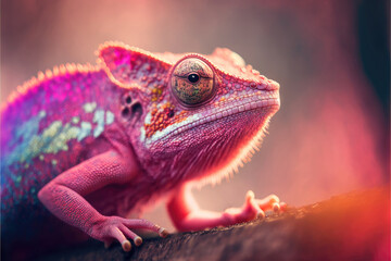 Pink colored chameleon close up. Generative AI. 