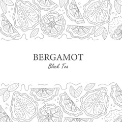 Label for tea with bergamot. Whole and  piece of bergamot. Line style