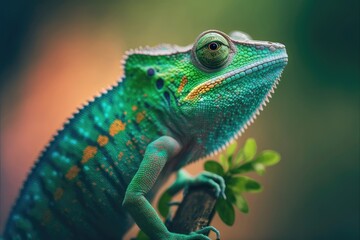 Fototapeta premium Green colored chameleon close up. Generative AI. 