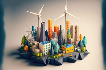Origami cartoon energy plant with renewable sources, sun and wind on city skyline Generative AI 