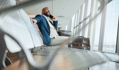 African businessman, airport and phone call with excited smile, focus and networking on business...