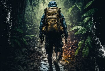 Fototapeta premium a person woman or man go trekking in jungle, generative Ai