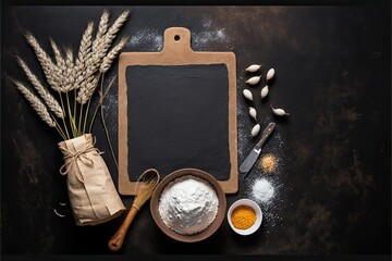 Rustic bread, flour sprinkled from the white paper bag, measuring cup and ears of wheat - kitchen. Captured from above on black chalkboard background. Layout with free text space generative ai