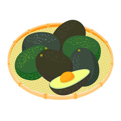 野菜イラスト　かごに盛った、たくさんのアボカド.