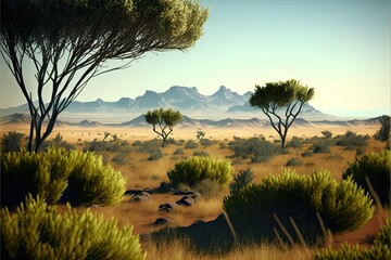 Savannah with trees green grass bushes and mountains on the horizon under a clear sky 3d illustration generative ai