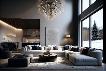 Sleek and modern living room with a large sectional sofa and a statement chandelier generative ai