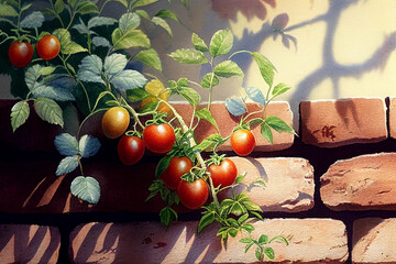tomates cerises contre un mur en pierre - obrazy, fototapety, plakaty