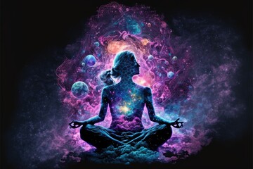 Woman sitting in yoga lotus pose and her connection to space generative ai - obrazy, fototapety, plakaty