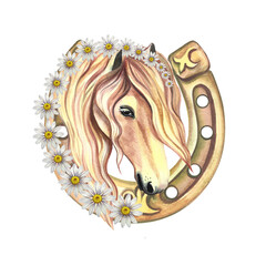 Portrait of a horse on the background of a horseshoe decorated with daisies. beautiful mare. Watercolor handmade © ANTONINA MASLOVA