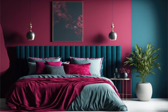 Viva magenta is a trendy color year 2023 in the premium bedroom and blue navy. Painted mockup wall for art and crimson red burgundy colour bed. Template modern room design interior home generative ai