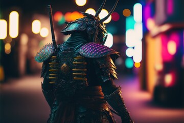 Armed samurai and street with blurred neon light. ninja samurai. Generative A