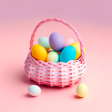 Wicker basket with multicolored eggs for easter celebration
