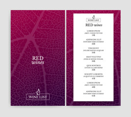Wine list template with vine leaf texture background. Red wine