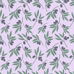 Cute seamless repeating pattern with olive branches on a pink background, floral motif. Hand drawn olive in pattern for textile, wrapping paper and packaging design
