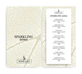 Wine list template with vine leaf texture background. sparkling wine. vector