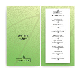 Wine list template with vine leaf texture background. White wine