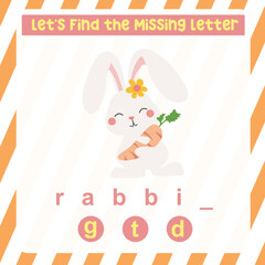 Fototapeta premium Cute cartoon white rabbit holding a carrot. Educational spelling game for kids. Complete the missing letters for animal farm name in English. Kids educational worksheet.