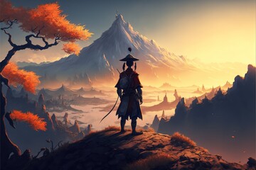  Boy standing on samurai mountain. digital style. illustration. digital illustration. Digital painting. Generative AI

