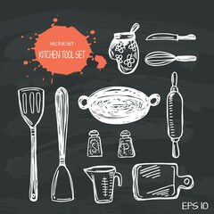 Set of kitchen utensils icon in doodle design style 