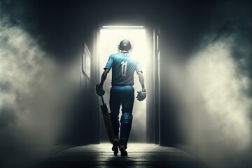 A cricket player walking on the ground in a blue jersey. Cricket. sports player. Generative AI - obrazy, fototapety, plakaty