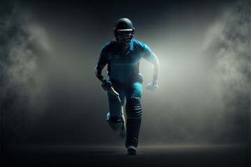 A cricket player walking on the ground in a blue jersey. Cricket. sports player. Generative AI