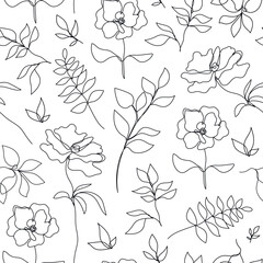 Vector flower linear seamless background, roses and leaves line pattern, hand drawn style. Monoline doodle.