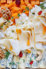 Assorted sorts of cheese on a plate, top view