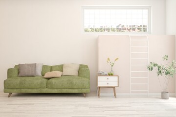 White living room with sofa. Scandinavian interior design. 3D illustration
