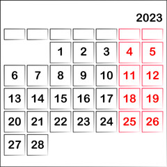 illustrated blank or empty set of calendar icons for February 2023, isolated illustration on white