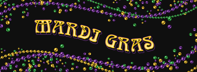 Mardi gras horizontal banner with scattered beads, string of beads, copy space.Vector illustration for advert of event. Layout, template for social media, web sites. Social media header size - obrazy, fototapety, plakaty