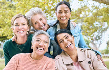 Smile, park and portrait of group of women enjoying bonding, quality time and relax in nature together. Diversity, friendship and faces of happy senior females with calm, wellness and peace outdoors