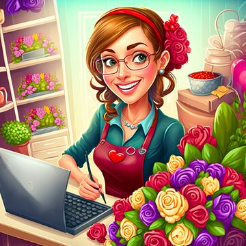 Bella ragazza felice e carismatica al PC, commessa, negozio di fiori, fioraia 