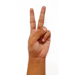 Hand of asian man with brown skin in gesturing pose 