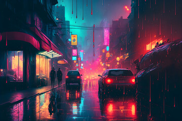 Night city street in cyberpunk style painted neon lights generative ai