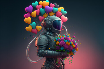 The alien warrior astronaut robot in cyber suit, helmet made of fresh Spring flowers and hearts balloon, mask portrait tells a story of love in the future. Valentine's Day from space. A fictional 3d c