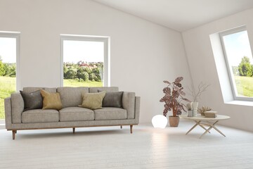 Minimalist living room in white color with sofa and summer landscape in window. Scandinavian interior design. 3D illustration