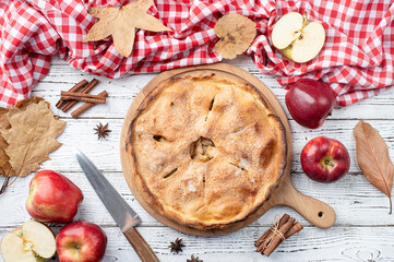 Homemade apple pie with fresh red apples
